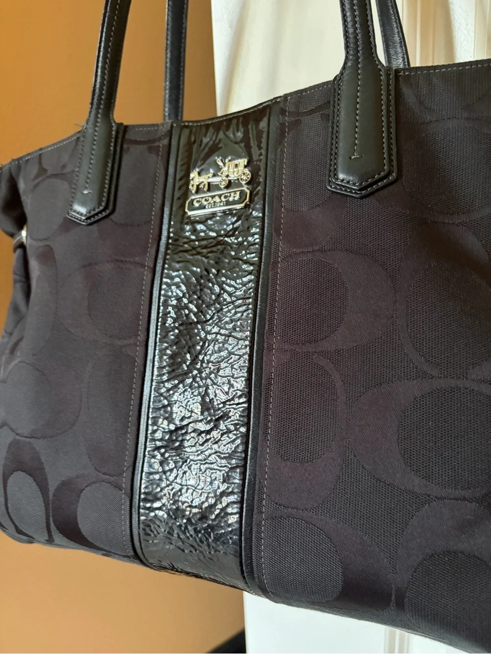 Coach Black Signature Tote with Patent Trim